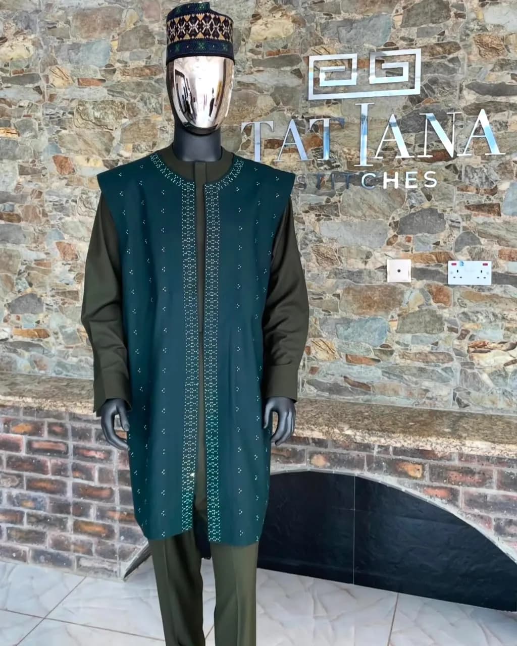 Green kaftan set in the studio