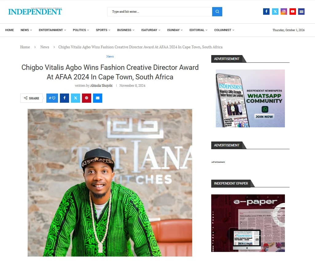 Independent Newspaper feature on the AFAA award